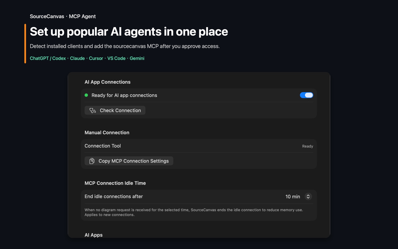 macOS の SourceCanvas MCP と Agent 設定画面: 主要な AI を接続